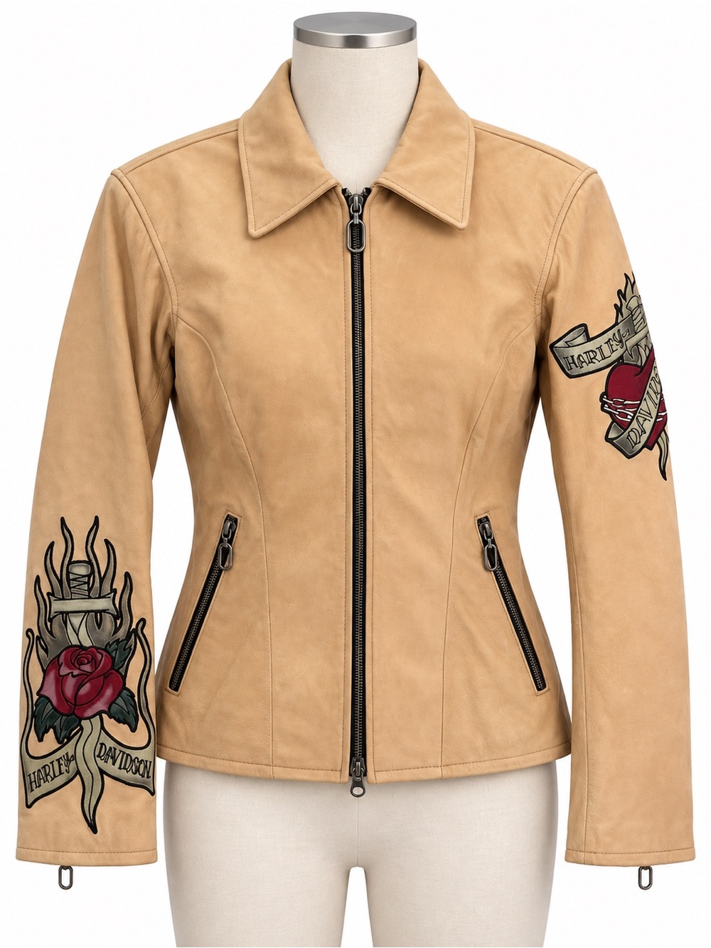 Harley-Davidson Buckskin Leather Moto Tattoo Graphic Jacket Women’s Small Tan